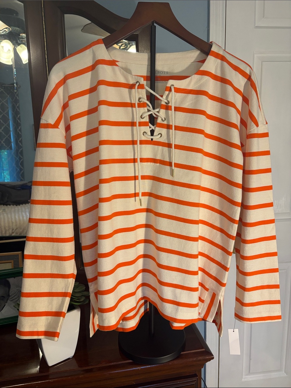 Talbot’s Striped Lace-Up Long Sleeve Top - Orange & Cream